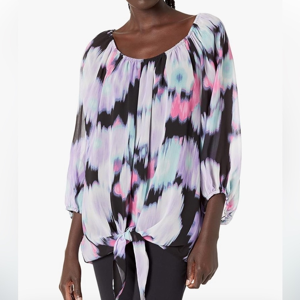Calvin Klein Puff Sleeve Pastel with Black Blouse Peasant Style with Tie Size 1X